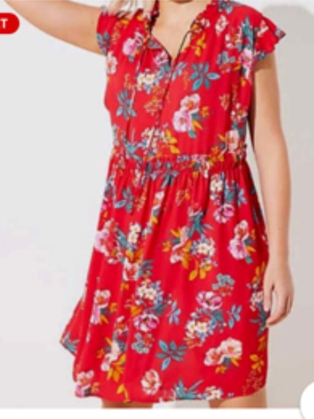 LOFT Red Foral Smocked Swing Dress L